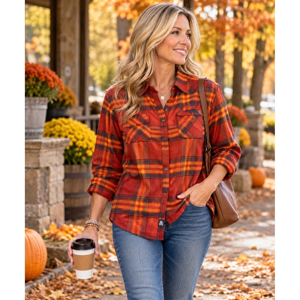 Real Work Flannel Shirt Women Large Red Orange Plaid Fall Layering Button Down